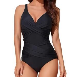 NWT Black Slimming Tummy Control One Piece Push Up Criss Cross Swimsuit Size 3XL